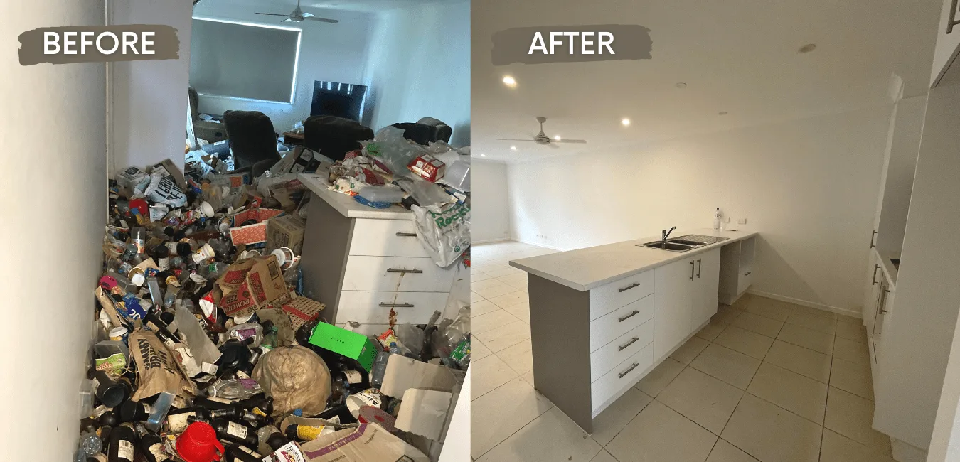 Before and after hoarding cleanup by Clean Bee in New Jersey — kitchen and living area fully cleared