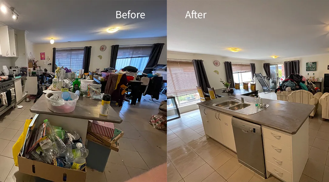 Before and after hoarding cleanup by Clean Bee — open-plan kitchen and living room restored