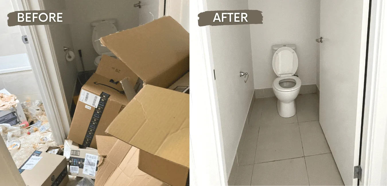 Before and after hoarding cleanup by Clean Bee — bathroom cleared and cleaned